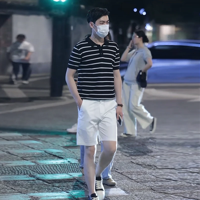 夏季男士休闲条纹短袖polo衫潮流韩版帅气翻领薄款针织短袖T恤男