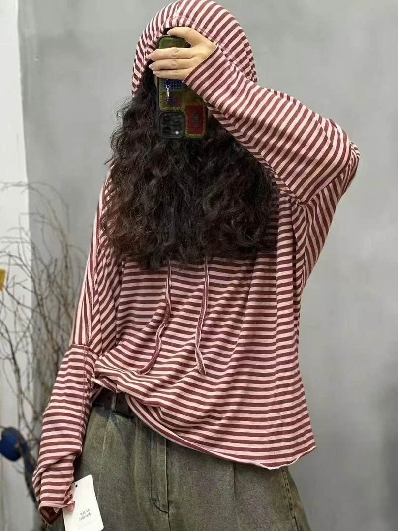 2025年春季新款炒色长袖连帽条纹卫衣女T恤文艺显瘦百搭打底衫女