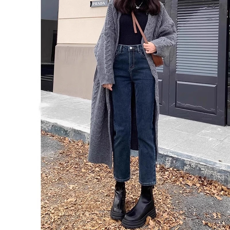 加绒法棍裤女秋冬季2025年新款小个子八分窄版直筒九分烟管牛仔裤