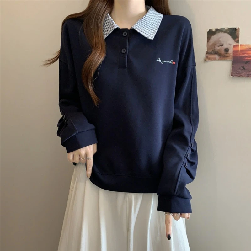 大码设计感格子POLO领卫衣女春秋新款微胖MM宽松显瘦百搭洋气上衣