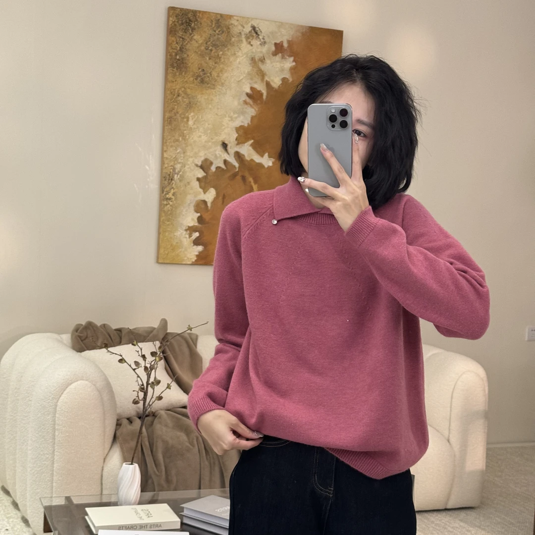 喜樂2024纯色翻领针织衫冬季新款百搭休闲保暖抗起球女士上衣打底