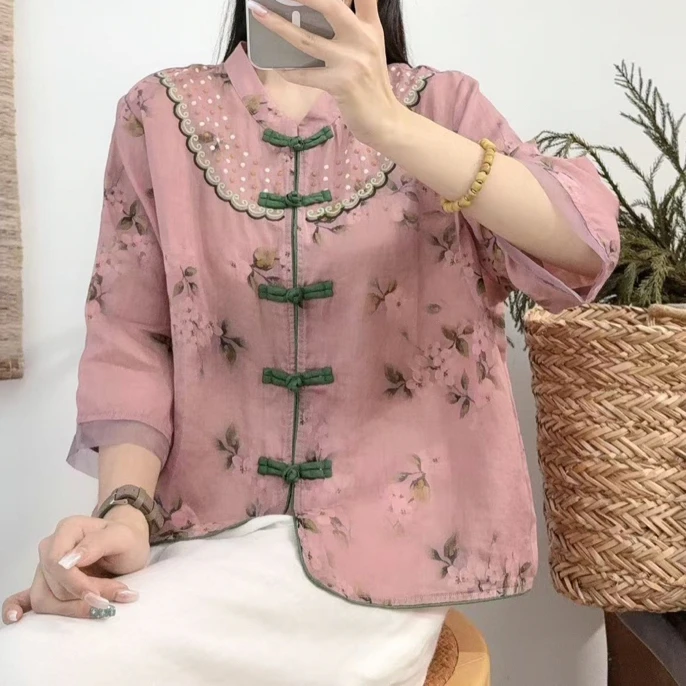 布熙游  新款衬衫女气质小立领刺绣花边苎麻衬衫小清新