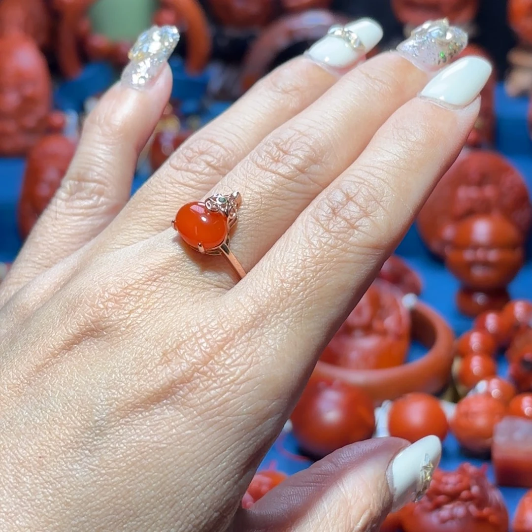 银S925镀金镶嵌雕刻南红玛瑙