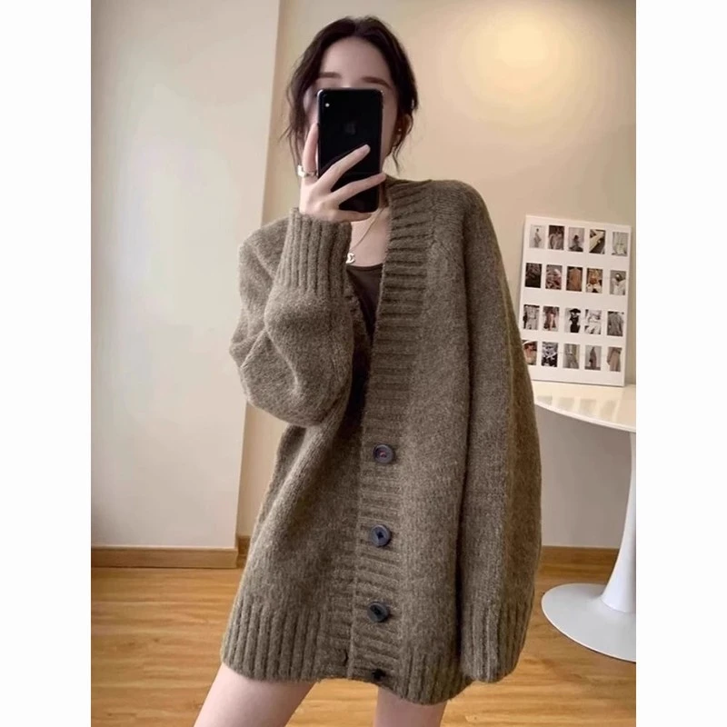 新款秋冬慵懒风复古宽松显瘦轻熟风外搭长袖针织毛衣外套女加厚