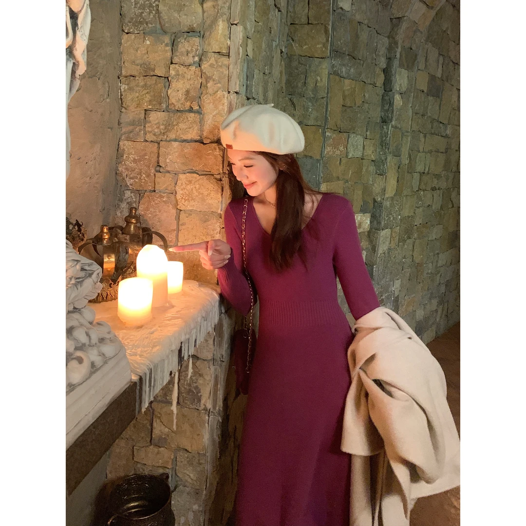 切糕自制【娇柔身段】小个子女冬设计感坑条收腰显瘦长款毛织连衣裙