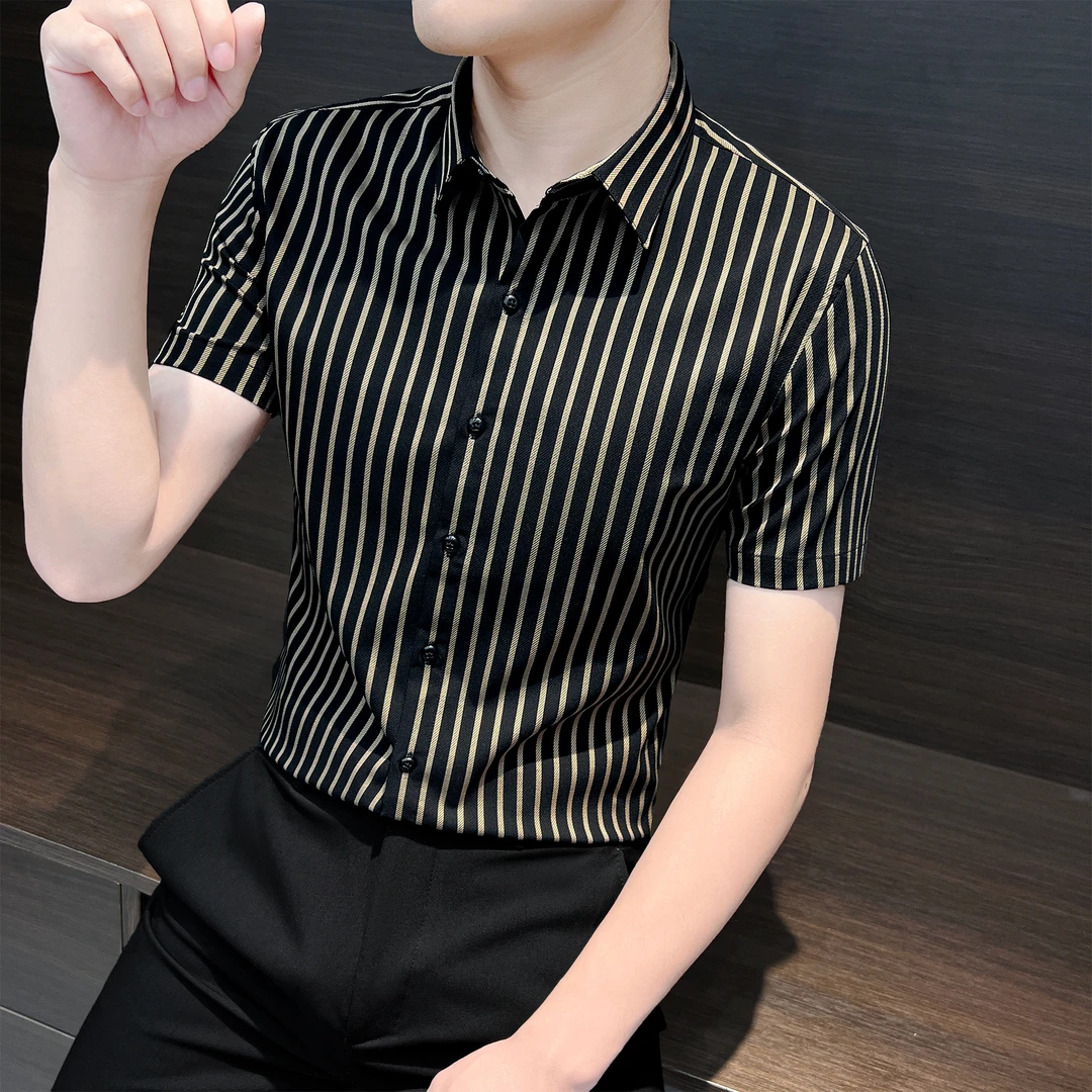 条纹短袖衬衫男士夏季薄款冰丝男装痞帅商务休闲轻奢高档男款衬衣