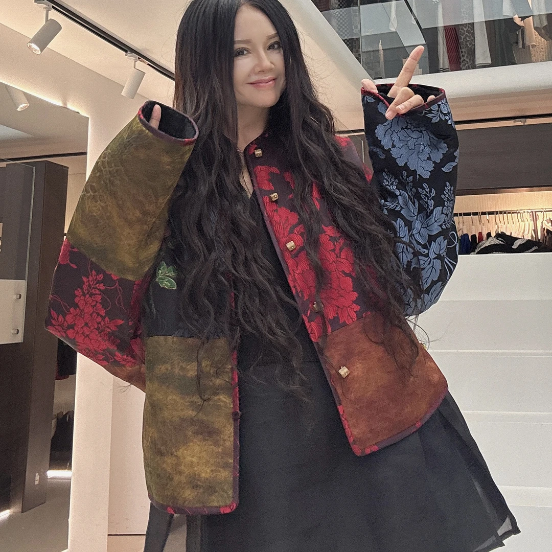 【周周家】长袖老缎拼接皮毛一体外套轻奢加厚秋冬女士两面穿