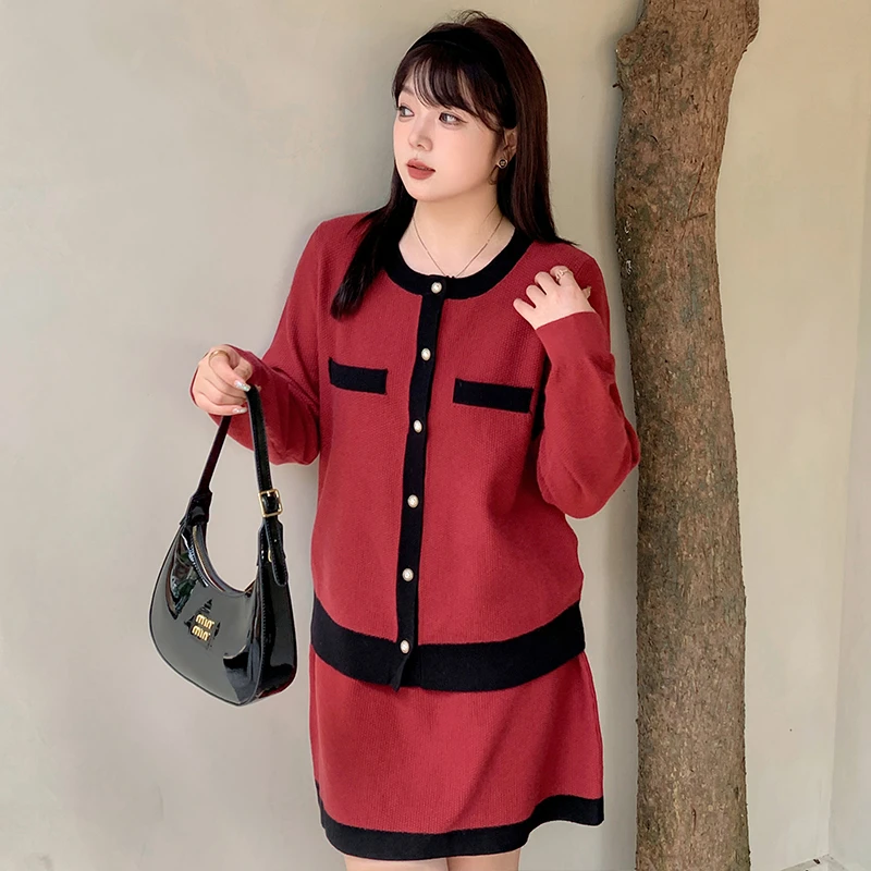 大码女装圆领小香风针织套装胖mm2024秋季甜美套装22690