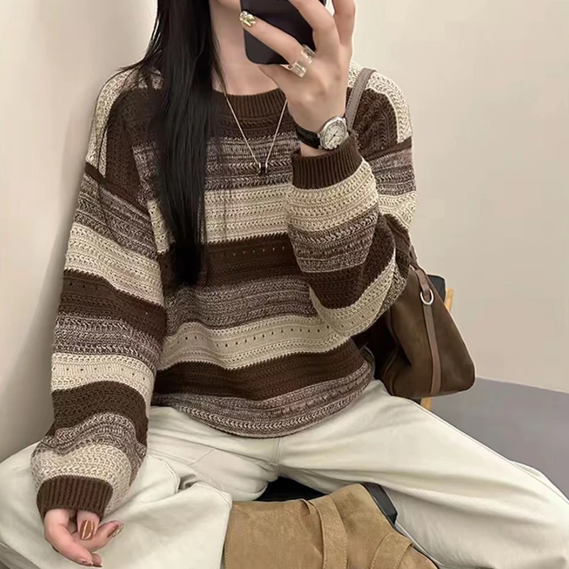 条纹毛针织衫绿色复古条纹宽松针织衫百搭撞色秋季女装慵懒风