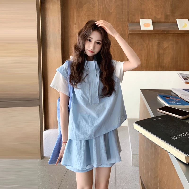 休闲韩系松弛感衬衫裙裤套装2025夏季新款小众慵懒风设计感两件套