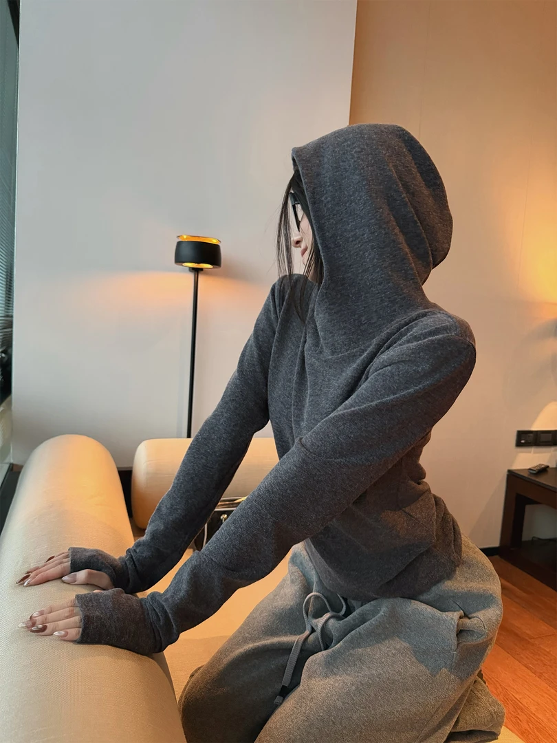 秋冬季连帽打底衫高级感纯色气质小众帽衫袖口穿指打底修身上衣女