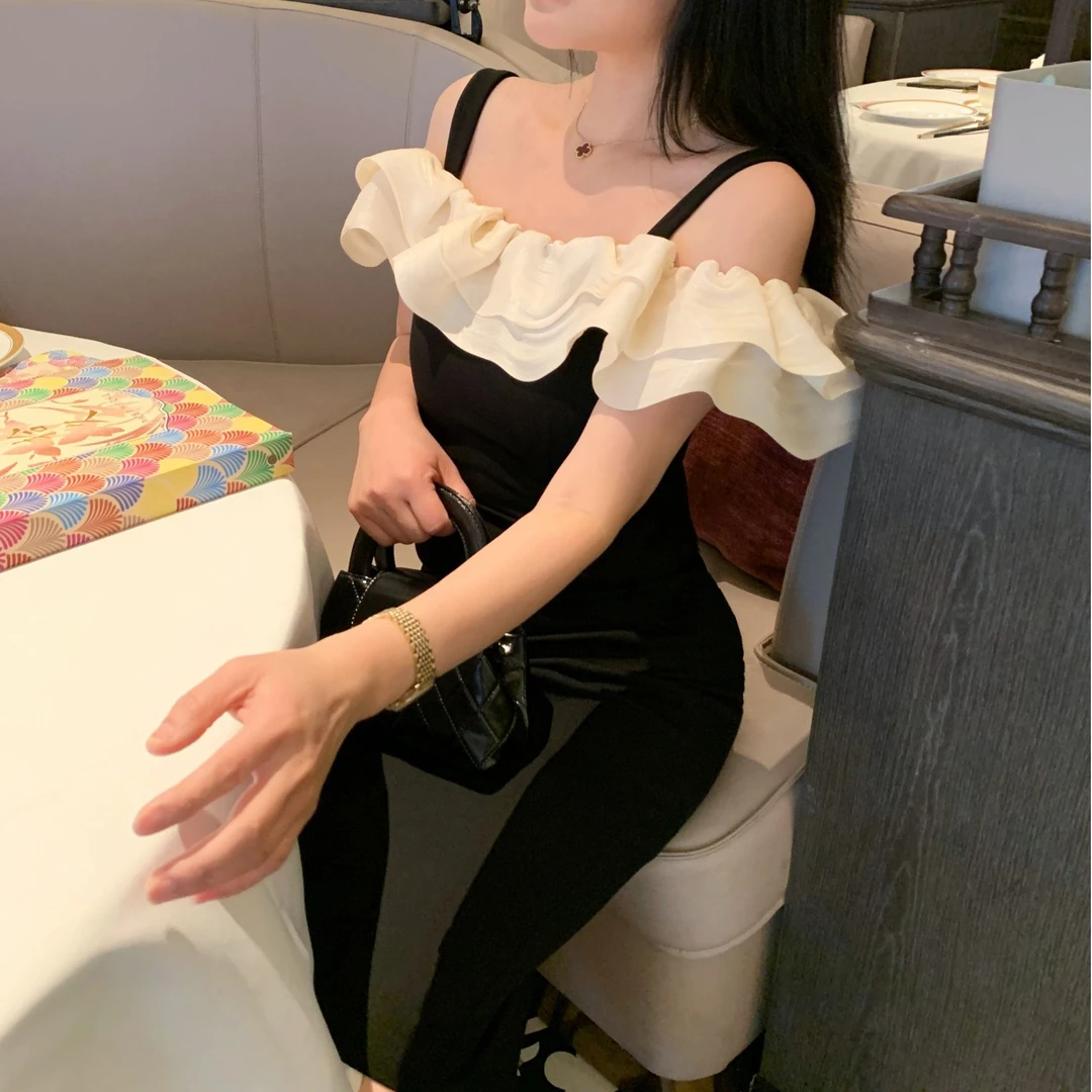 魅鹊 50720 泰版小水风一字肩吊带修身女人味小黑裙裙子显瘦气质