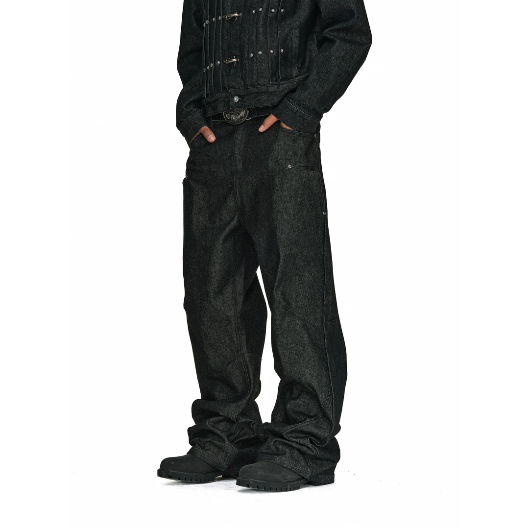 ANTIDOTE 撞钉斜插袋原色黑牛长裤男春秋立体剪裁直筒休闲牛仔裤