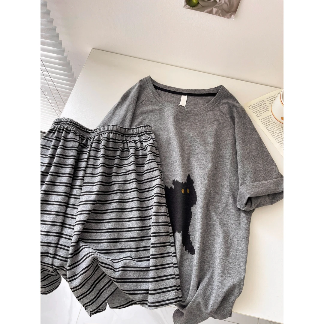 【炸毛猫咪】韩版休闲短袖睡衣女夏季2025新款可外穿短裤家居服