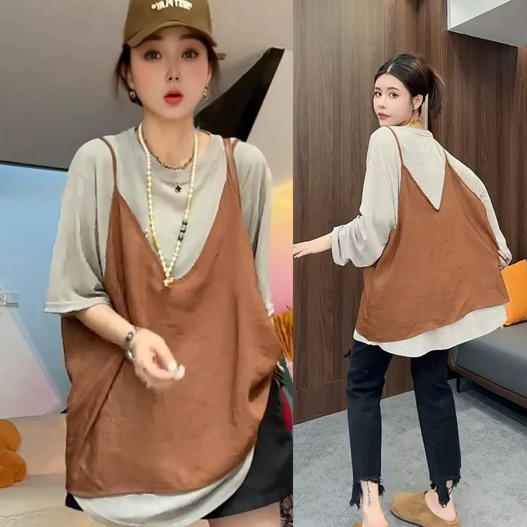 大码孕妇2025夏季新时尚百搭宽松显瘦背心防晒衣薄款T恤两件套