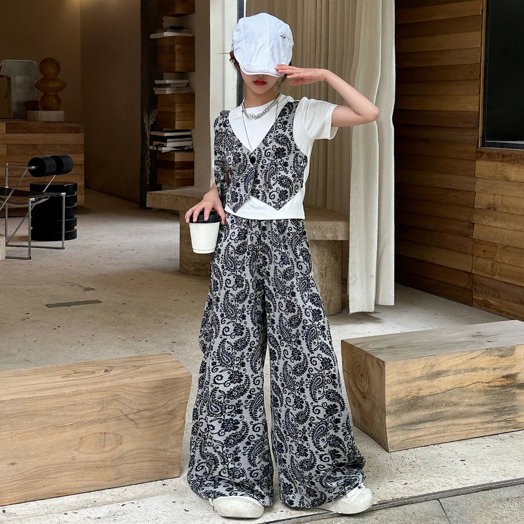 女童套装夏季儿童复古印花假两件短袖长裤2025新款女孩夏装两件套