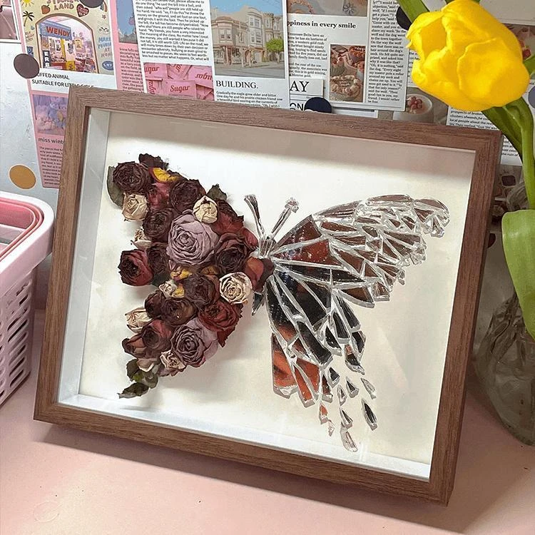 破碎蝴蝶手工玫瑰镜片diy材料女友礼物摆件相框镜子拼玫瑰花礼物
