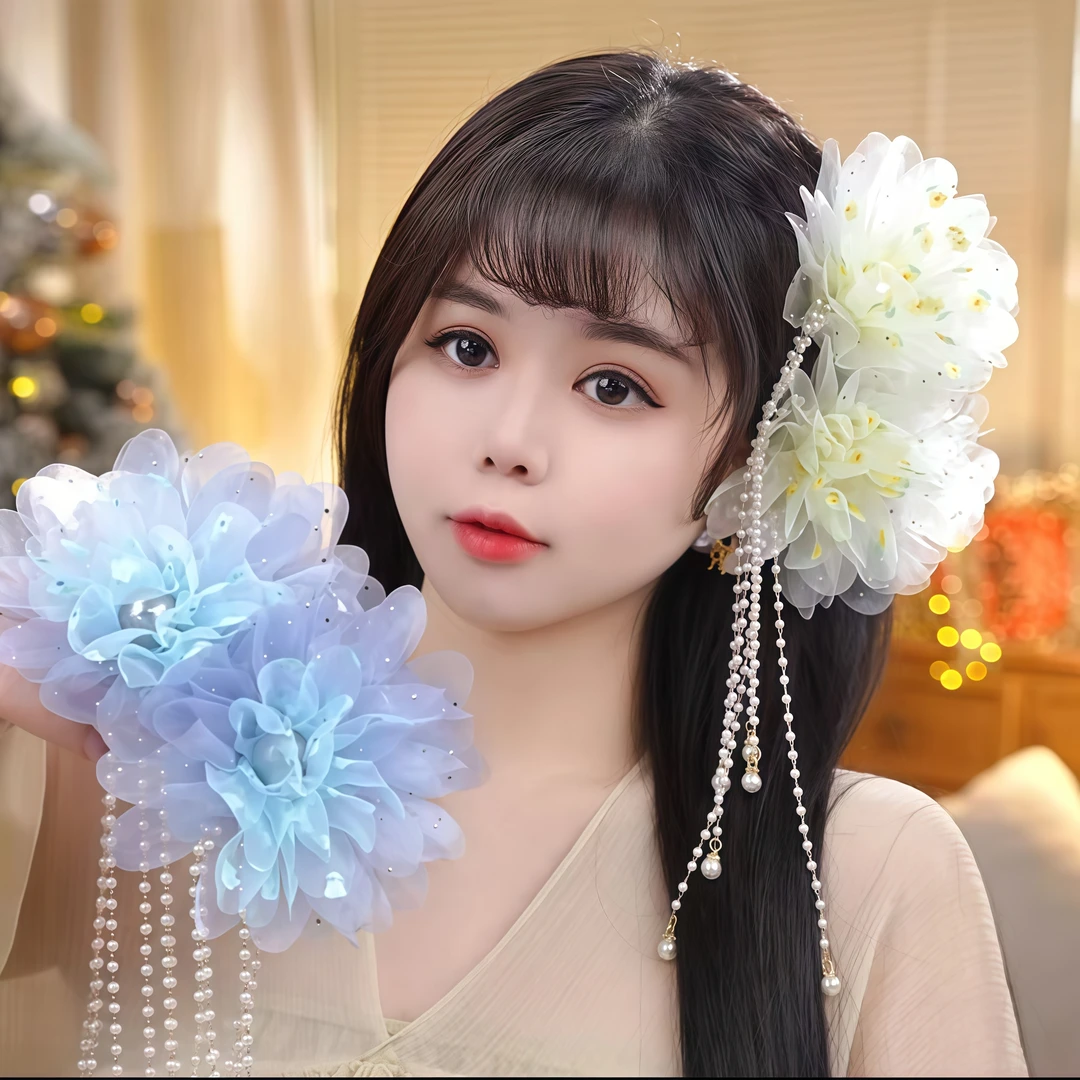 古典流苏发夹网纱花朵抓夹海边花朵发夹仙女国风粉紫色流苏饰