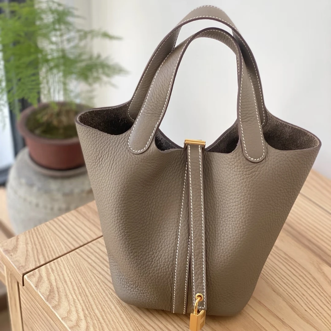 99新 Hermes/爱马仕 蔚蓝中古/大象灰金扣 菜篮子18 B刻
