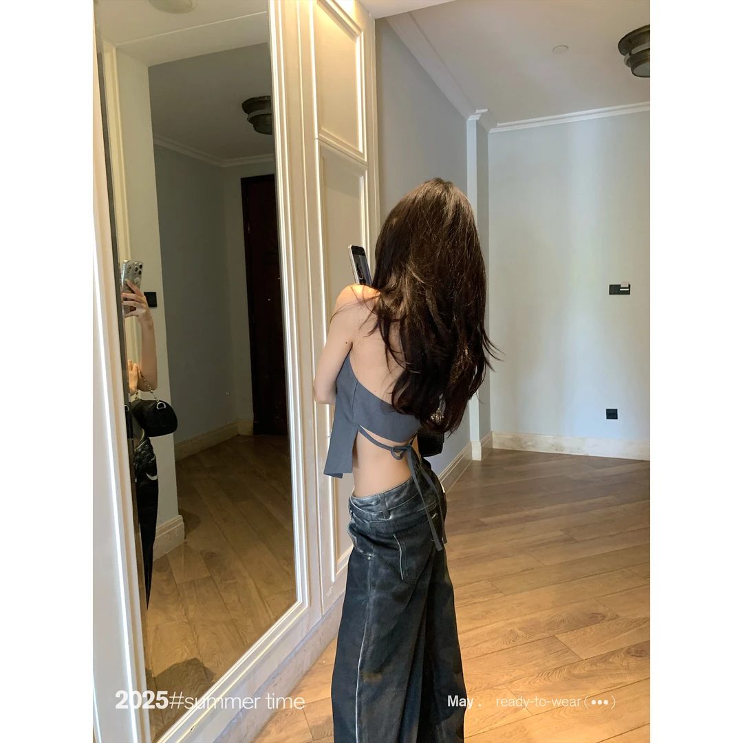 SUNONEONE 挂脖西装系带露背吊带背心女夏季百搭v领上衣H1090D