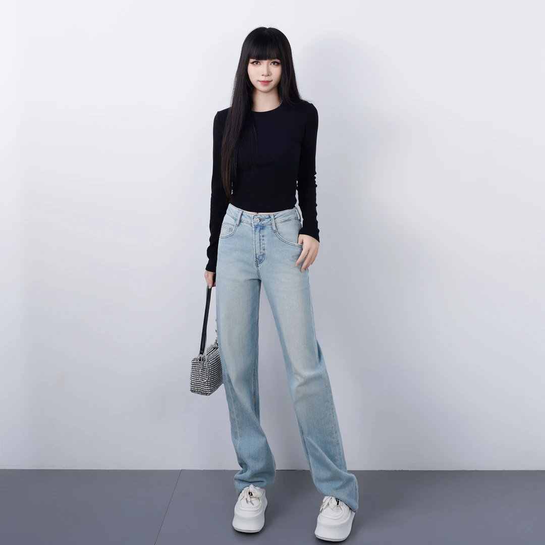 【马吉拉】直筒牛仔裤女高腰宽松窄版阔腿修身显瘦弹力