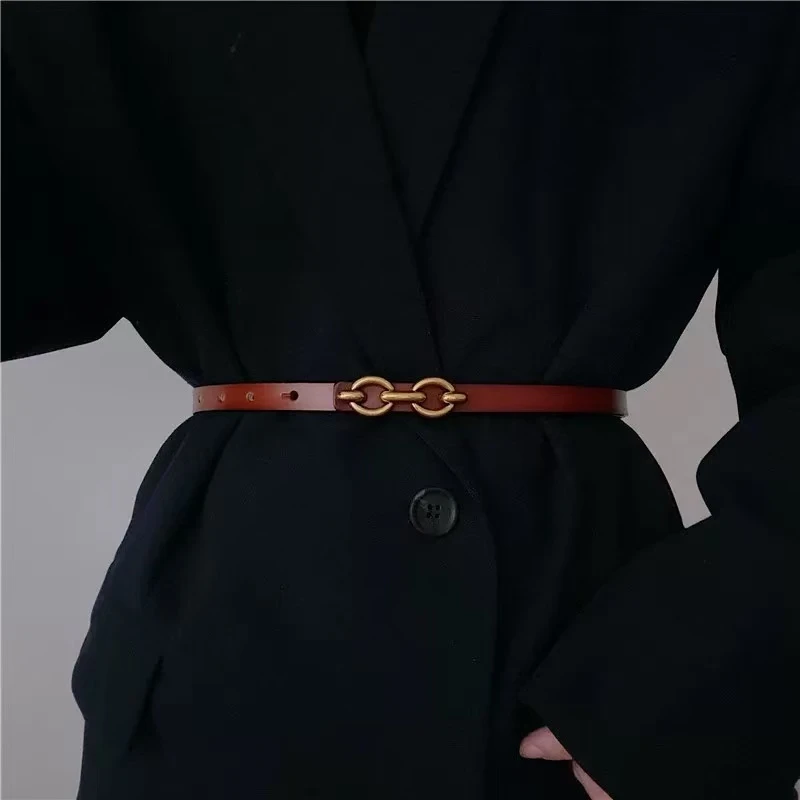 pd2079-1 红色女士皮带真皮纯牛皮合金针扣复古简约百搭韩国女款