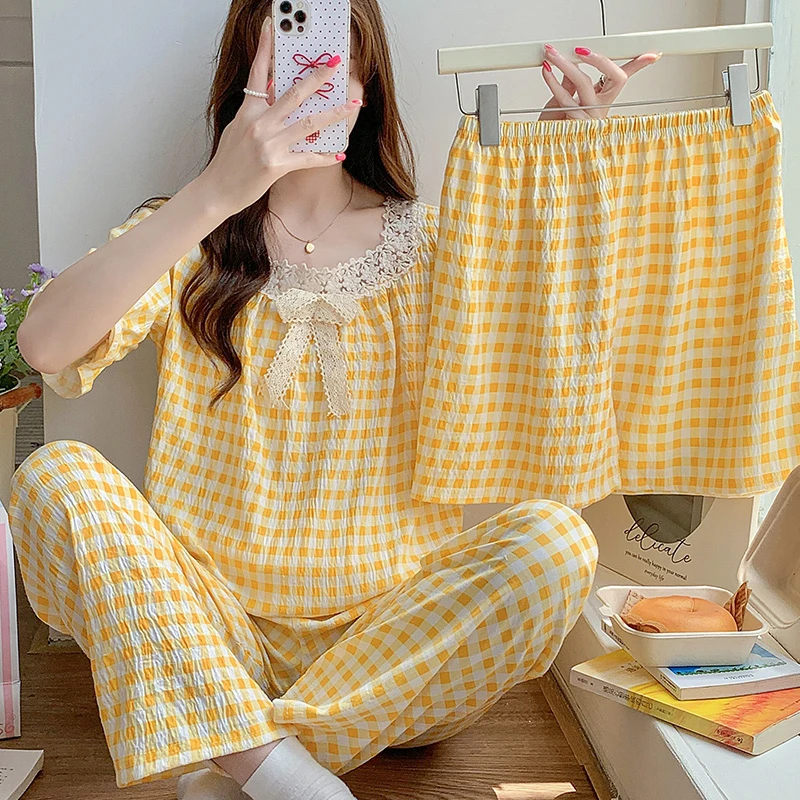【星】夏季卡通居家睡衣女ins长裤短袖短裤三件套家居服套装9028