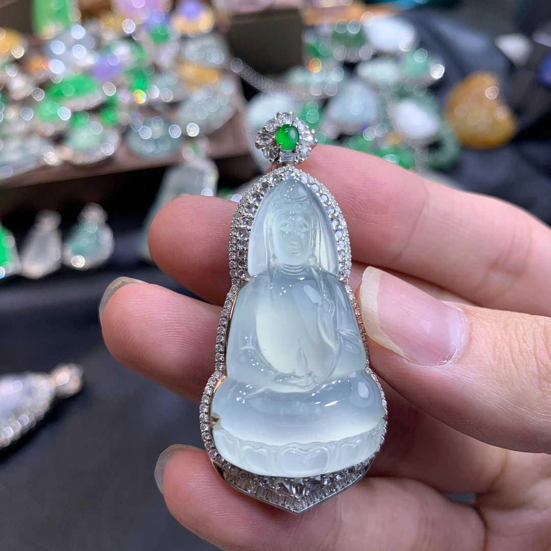玻璃钢素衣翡翠观音气质冰透雕刻冰透精美精美精雕白色镶嵌