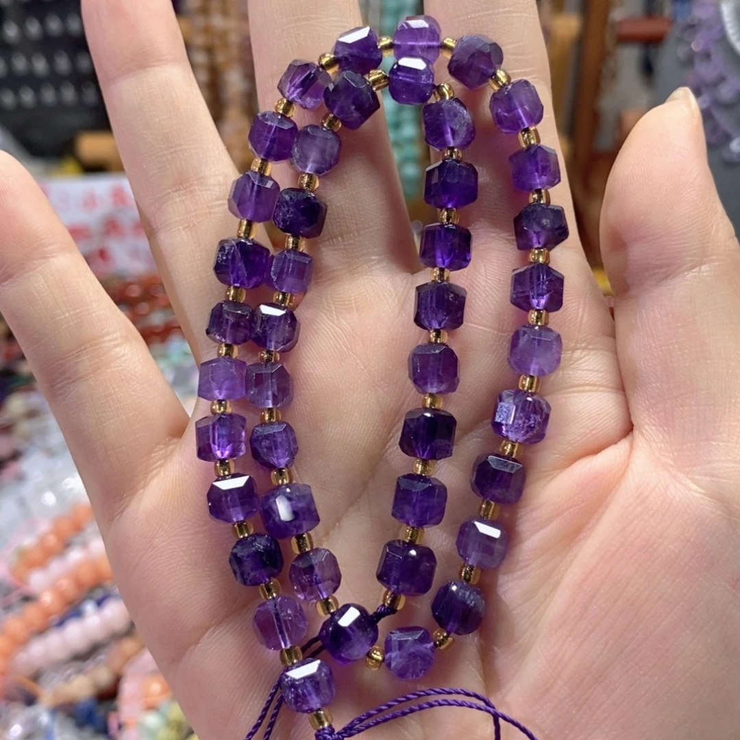 足银镀金镶嵌玛瑙/玉髓珠宝半成品乌拉圭紫水晶切面方糖一条卡7mm