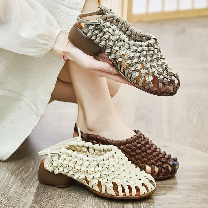 小众高级感手工编织包头女士凉鞋2025新款夏季真皮猪笼一字拖两穿