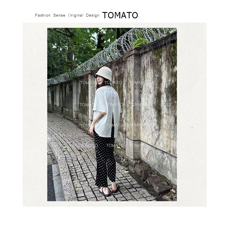 【TomaTo】净 夏季圆领宽松百搭白色后背开叉简约短袖T恤C25T07081