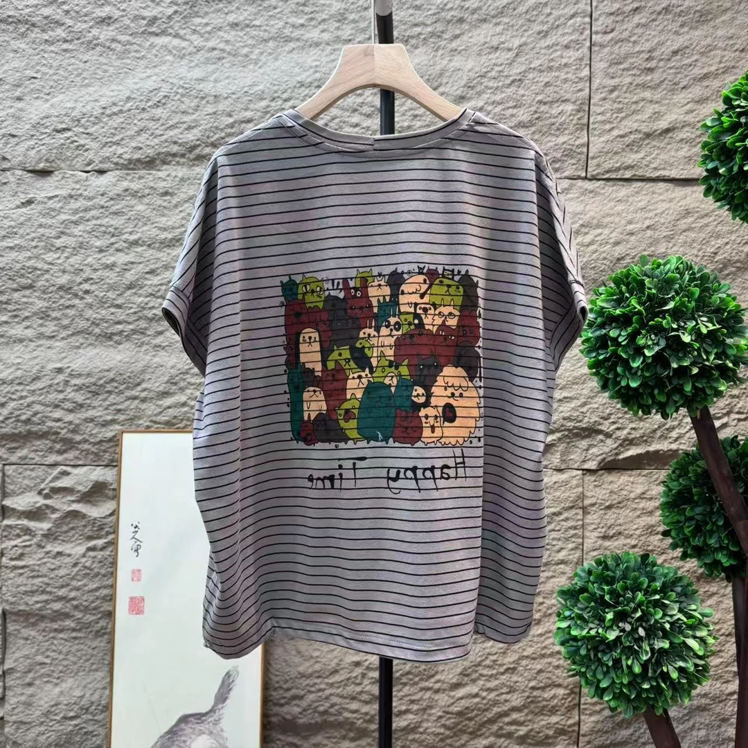 13563新款夏季简约百搭休闲印花显瘦条纹T恤