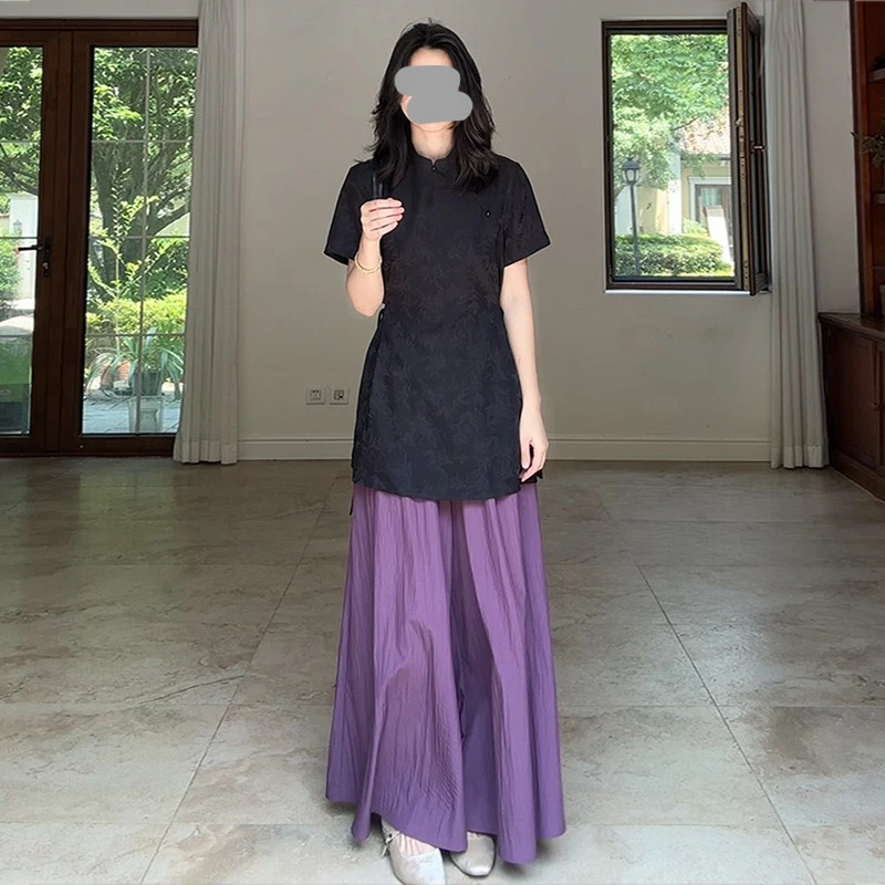 大码胖mm夏季新款禅意套装新中式显瘦短袖上衣宽松阔腿裙裤两件套