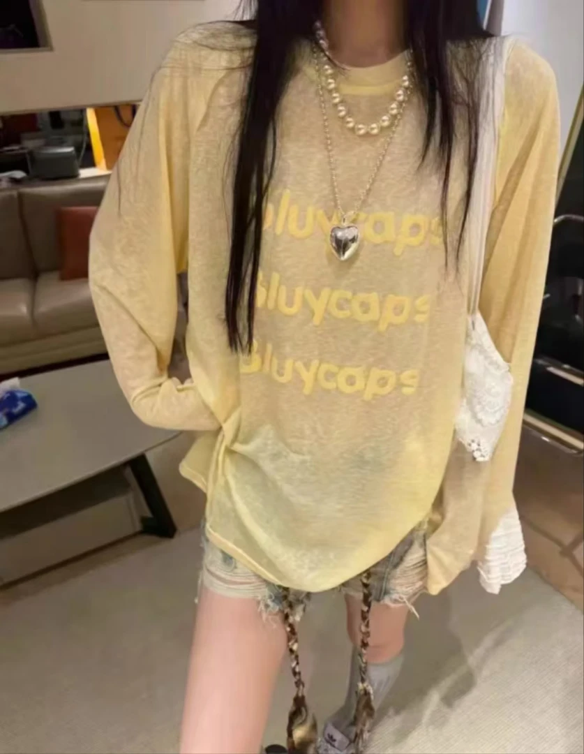 韩系发泡字母多巴胺彩色马卡龙圆领防晒罩衫长袖休闲百搭拨款T恤