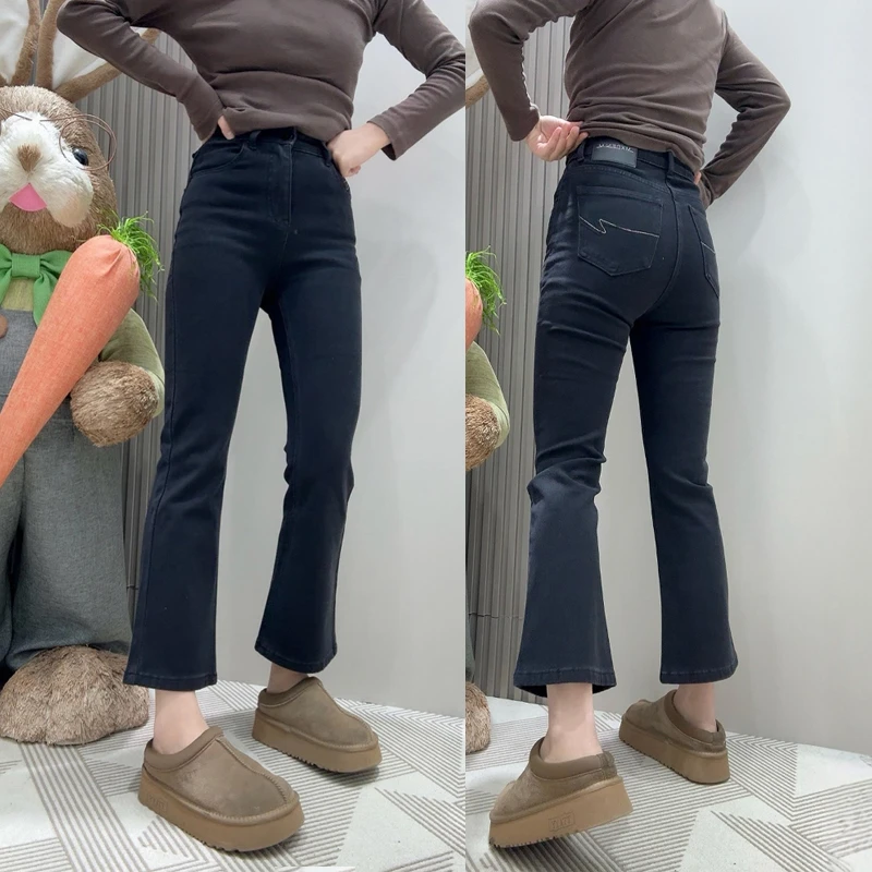2025春季新款高腰显瘦黑色微喇裤女百搭弹力直筒牛仔裤大码喇叭裤