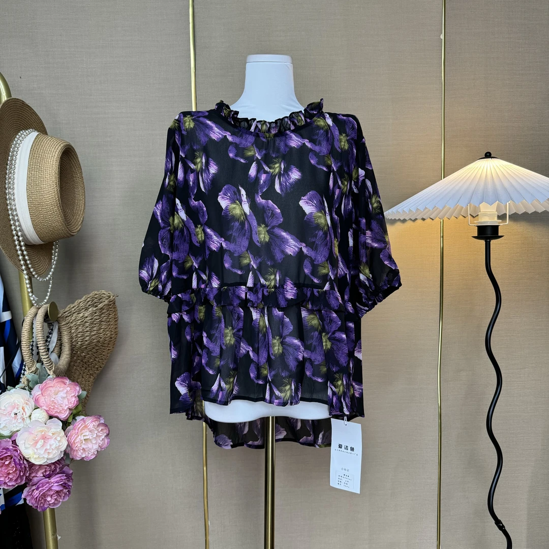 【464-465】气质宽松休闲百搭印花木耳边上衣