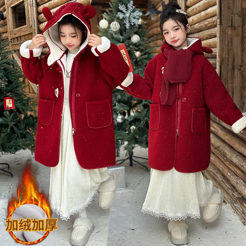 女童年服大衣加厚保暖大衣拜年红色喜庆大衣小女孩过年服女孩年服