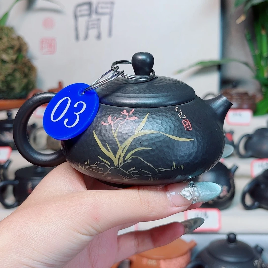 190h毫升微微瑕纯手工锤纹刻填胖墩壶
