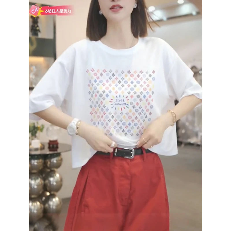 韩系时尚卡通印花半袖2025夏季新款女装圆领套头遮肉显瘦T恤上衣