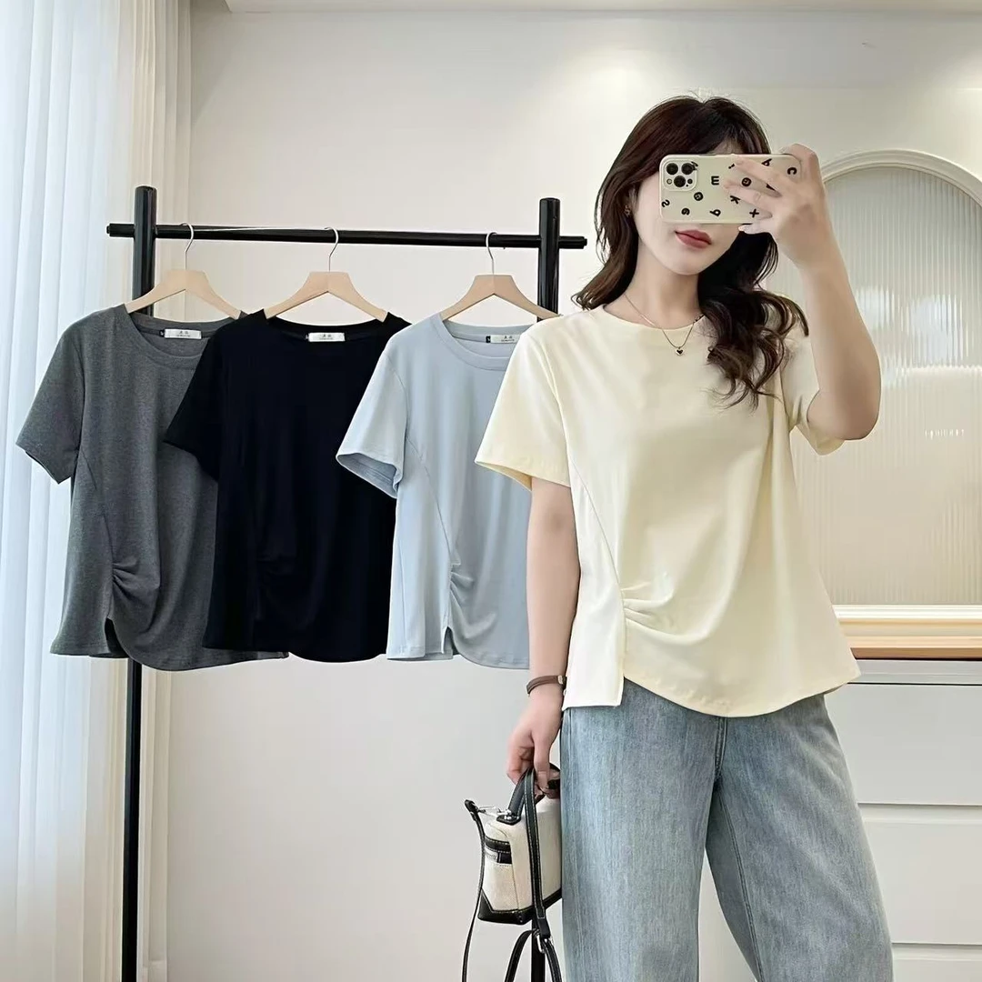 2025夏季新款爆款短袖正肩T恤大码女装胖mm褶皱收腰显瘦上衣