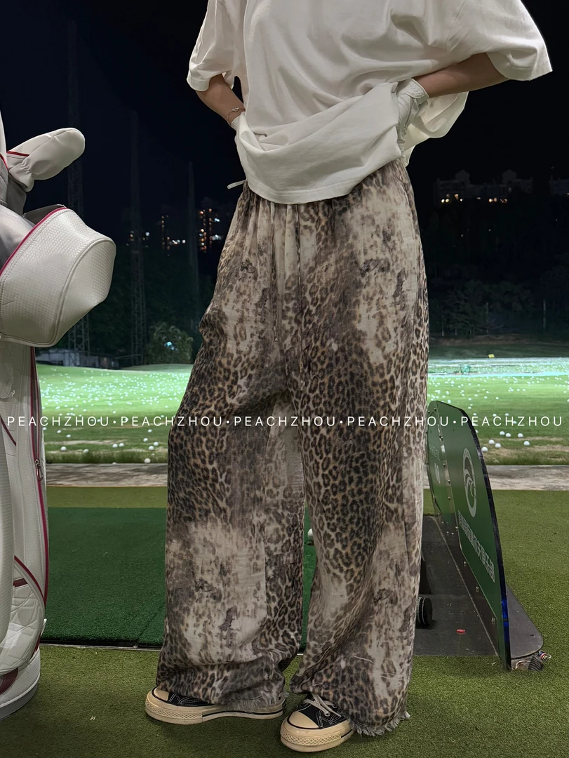 『PEACHZHOU』做旧感豹纹毛边小众时髦宽松直筒休闲裤松紧腰阔腿裤