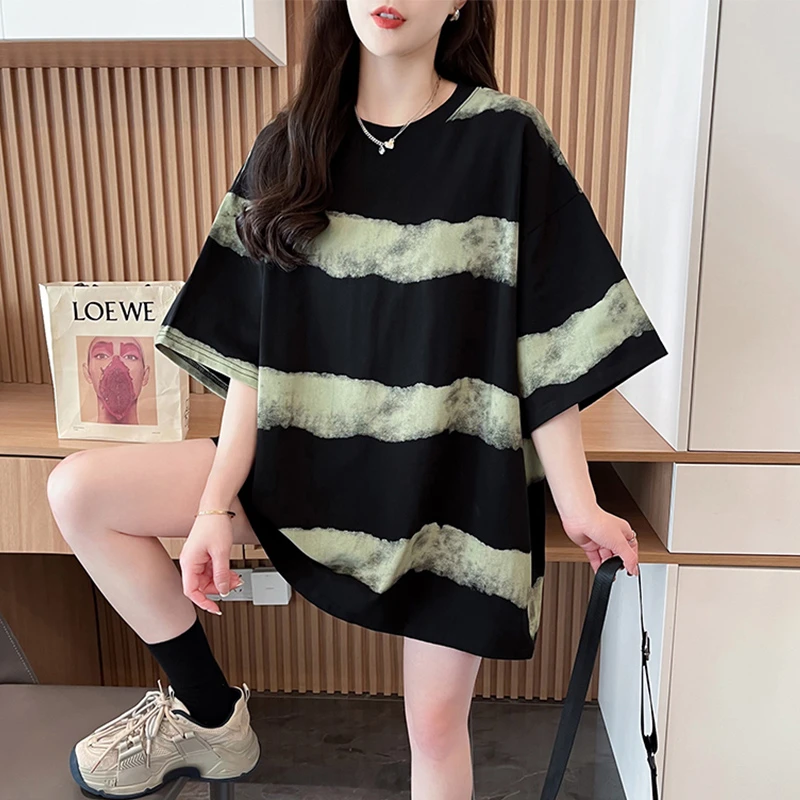 条纹中长款短袖t恤女夏季2024新款韩版宽松大码慵懒风遮屁股上衣