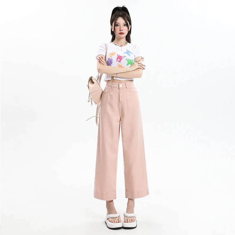夏季2025冰感薄款小个子女士八分九分莱赛尔天丝粉色宽松休闲牛仔