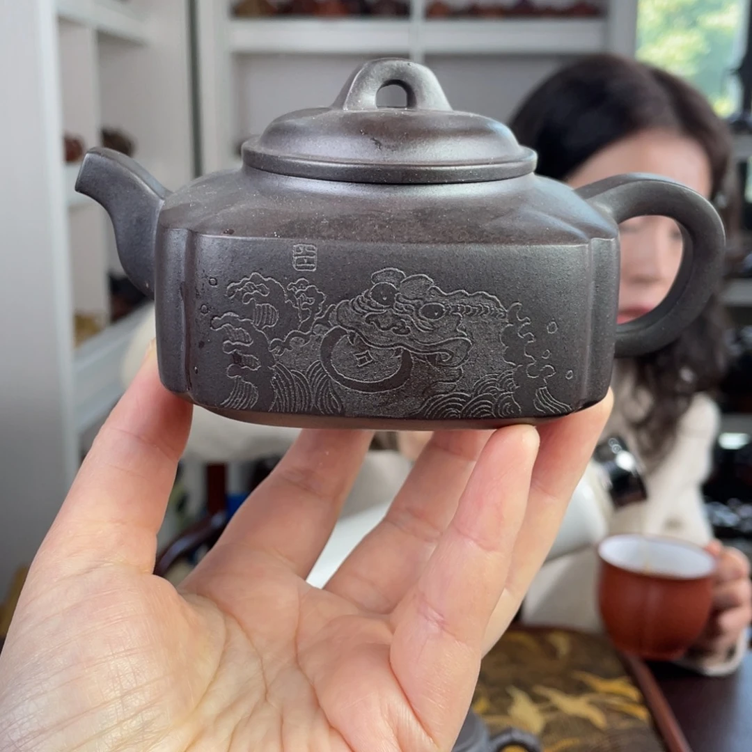 紫砂茶壶紫泥还原烧刻绘四方280cc