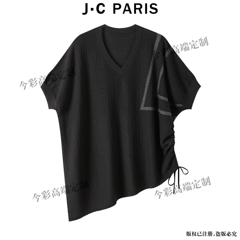 8526  J·C PARIS  V领短袖针织衫个性不对称剪裁抽绳设计