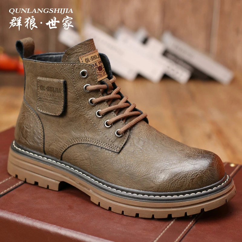 群狼·世家休闲马丁靴男士时尚百搭秋冬高帮英伦风真皮工装靴加绒