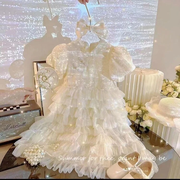 女童国风汉服连衣裙夏季新款女孩旗袍儿童泡泡袖公主蛋糕裙礼服裙