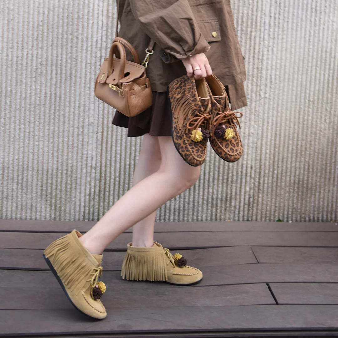 Artmu阿木原创小众流苏豹纹短靴子爆款袋鼠鞋内增高女靴2566-1