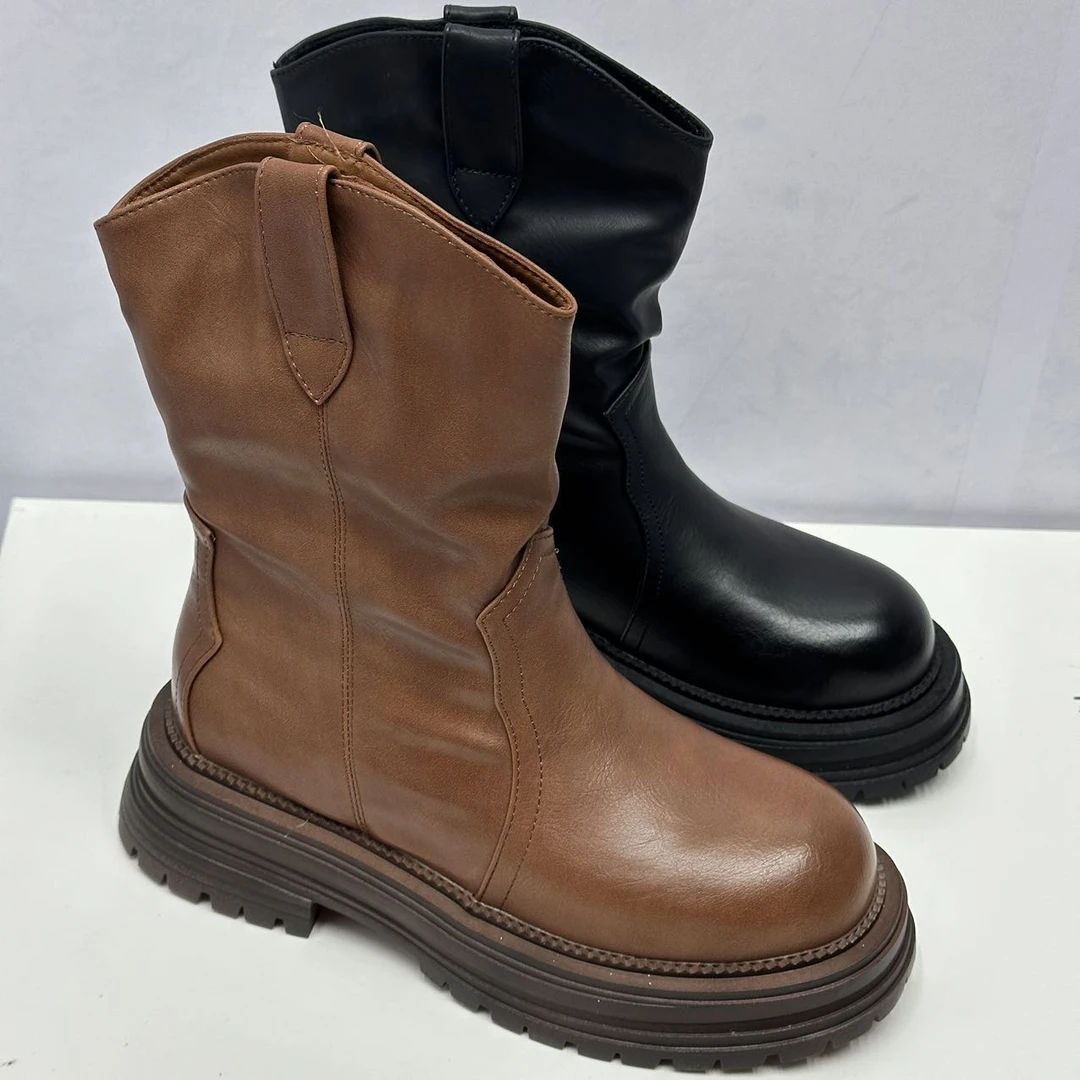 休闲粗跟圆头女马丁靴秋冬百搭靴子复古加绒厚底中筒靴/8800-2