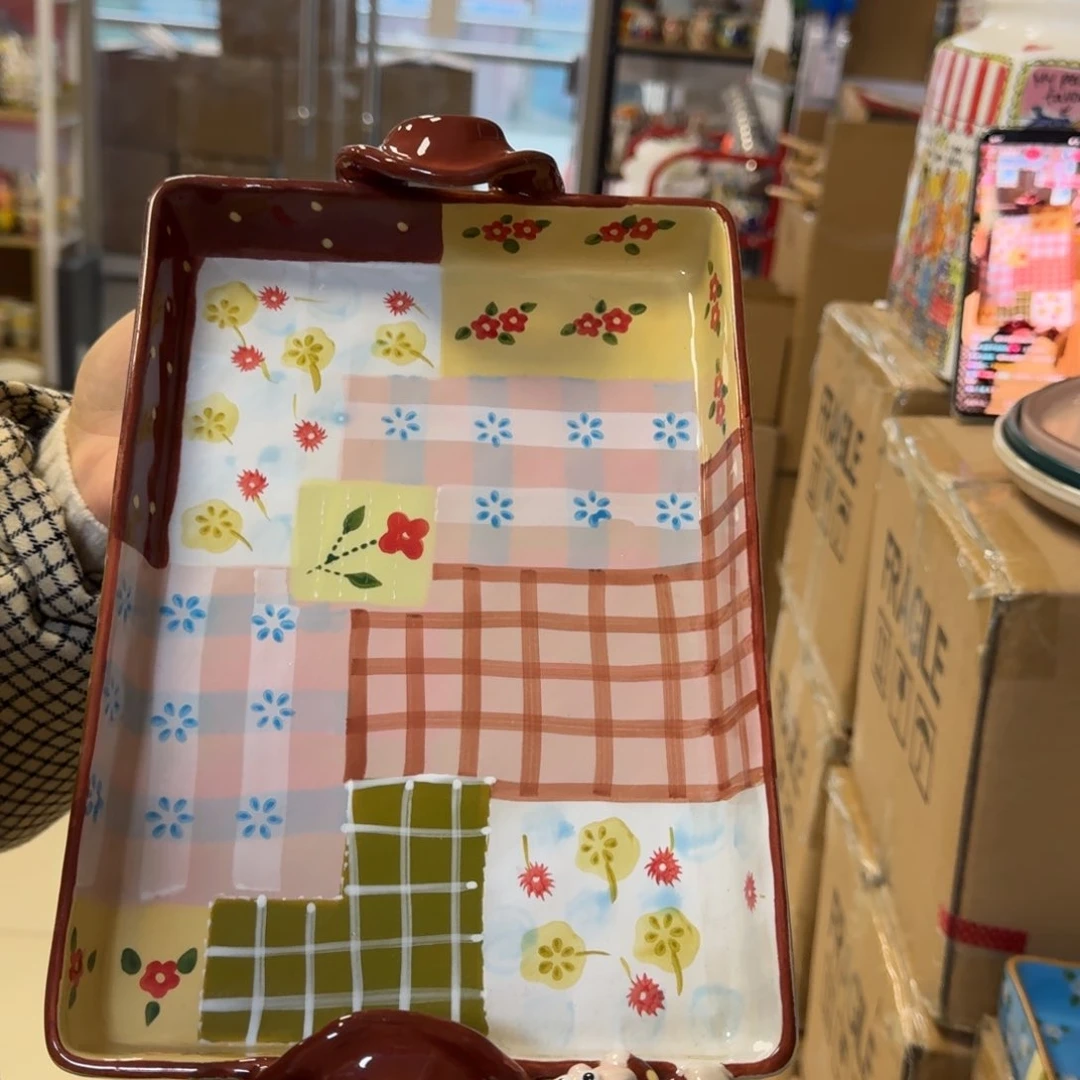 瓷片红色拼布双耳烤盘1只